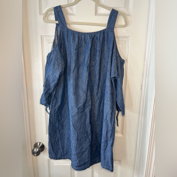 Madewell Denim Cold Shoulder Chambray Dress Blue Sz XL Linen Cotton Blend - Picture 2 of 9